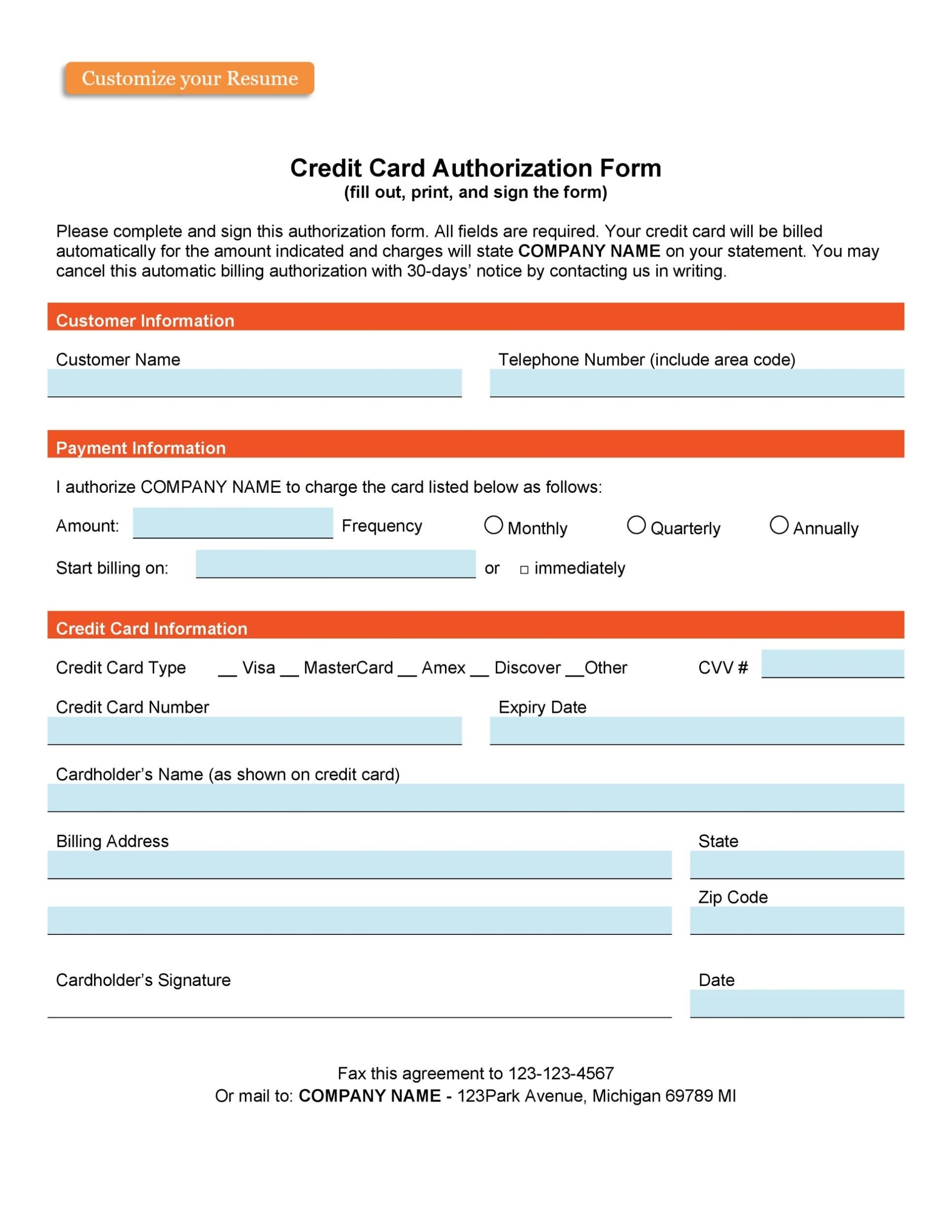 43 Credit Card Authorization Forms Templates {Ready To Use} Within Authorization To Charge Credit Card Template