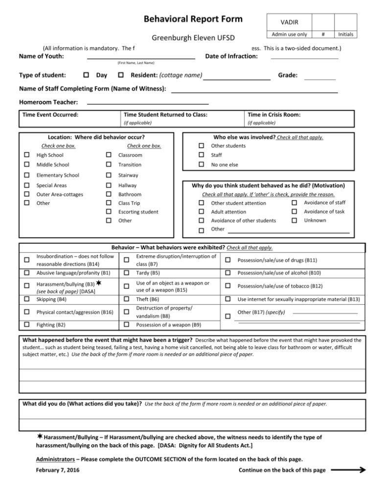 Behavioral Report Form (Editable) Within Behaviour Report Template
