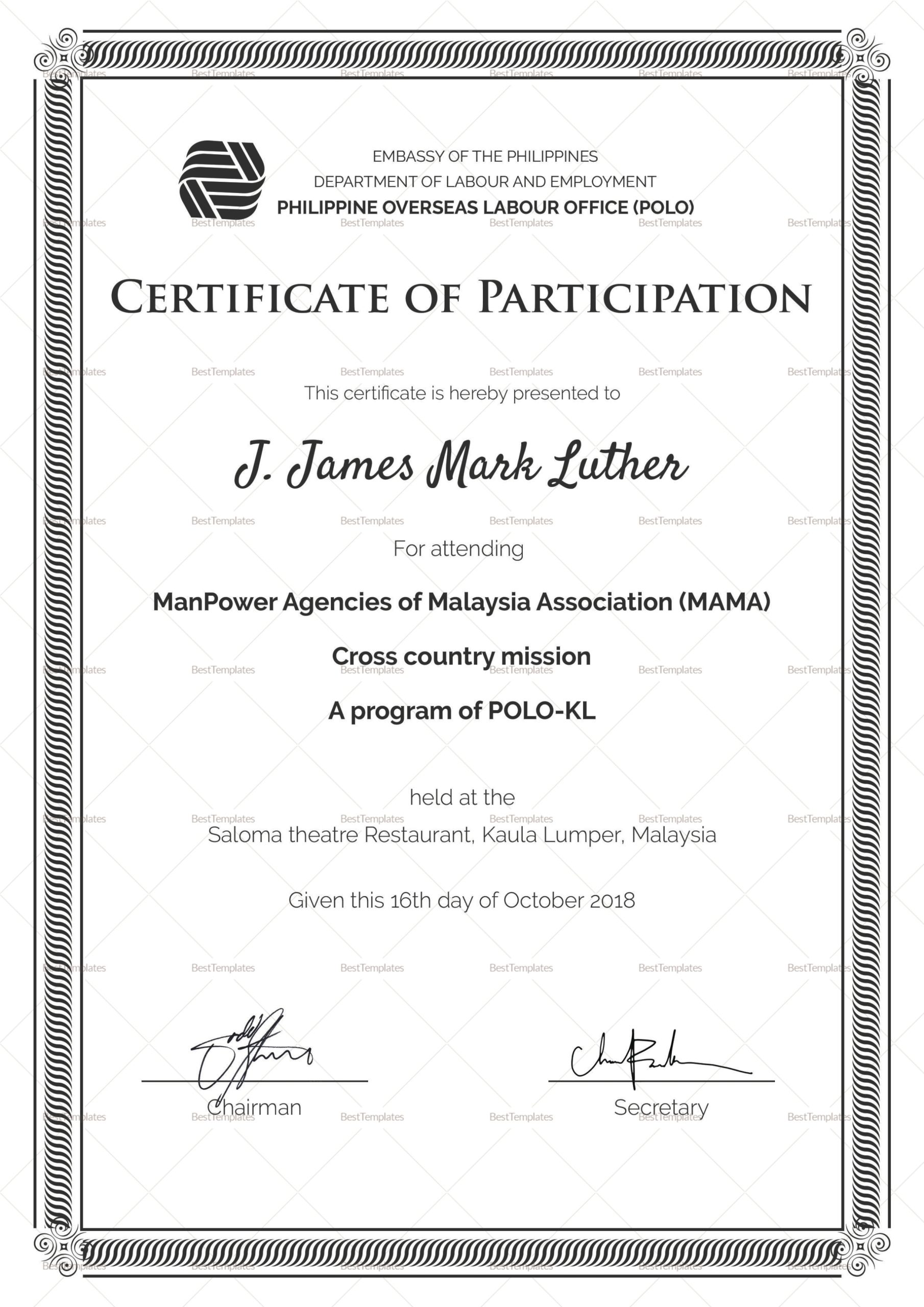 Certificate Of Participation Design Template In Psd, Word Intended For Sample Certificate Of Participation Template