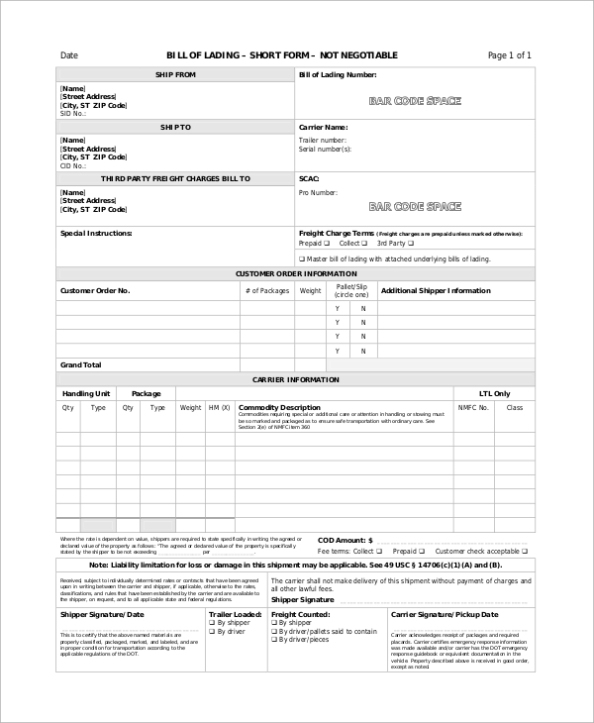 Free 8+ Sample Bill Of Lading Forms In Ms Word | Pdf With Blank Bol Template