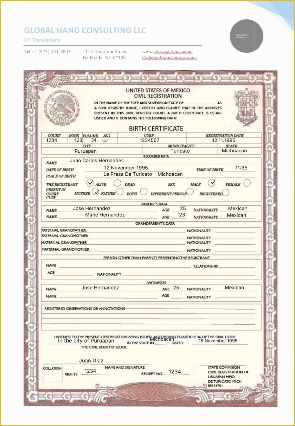 Free Death Certificate Translation Template Of Mexican Birth Intended For Mexican Marriage Certificate Translation Template