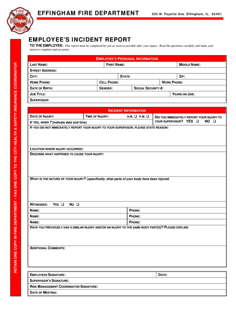 Il Employee'S Incident Report – Effingham City – Fill And Sign Pertaining To Employee Incident Report Templates