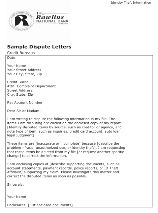 Sample Credit Dispute Letter Template (Identity Theft) - The Rawlins Intended For Credit Report Dispute Letter Template