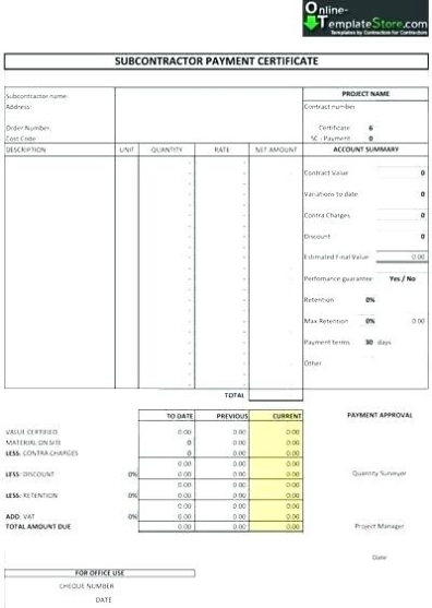 Subcontractor Payment Certificate Template Excel - Carlynstudio with regard to Certificate Of Payment Template